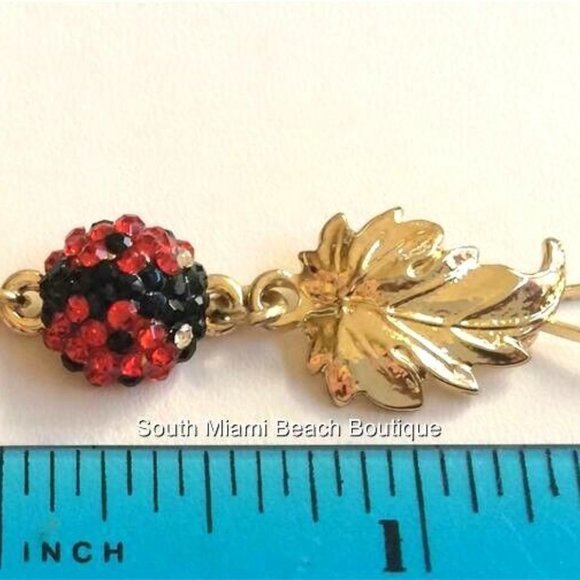 Ladybug Charm Bracelet Red Crystals Gold Plated Insect Lady Bug Leaves 6-8" - Picture 7 of 8